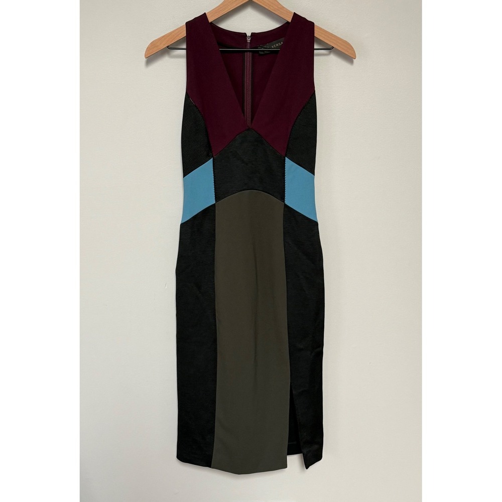 Versace Vtg Colorblock Sleeveless Plunging V-Neck Techno Jersey Dress IT 38 US 2